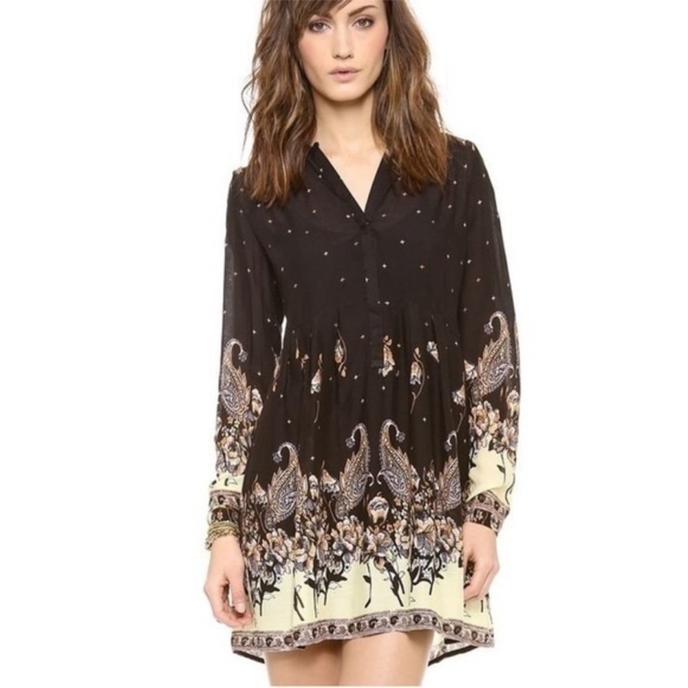 Free People Black and Cream Women's Mini Dress